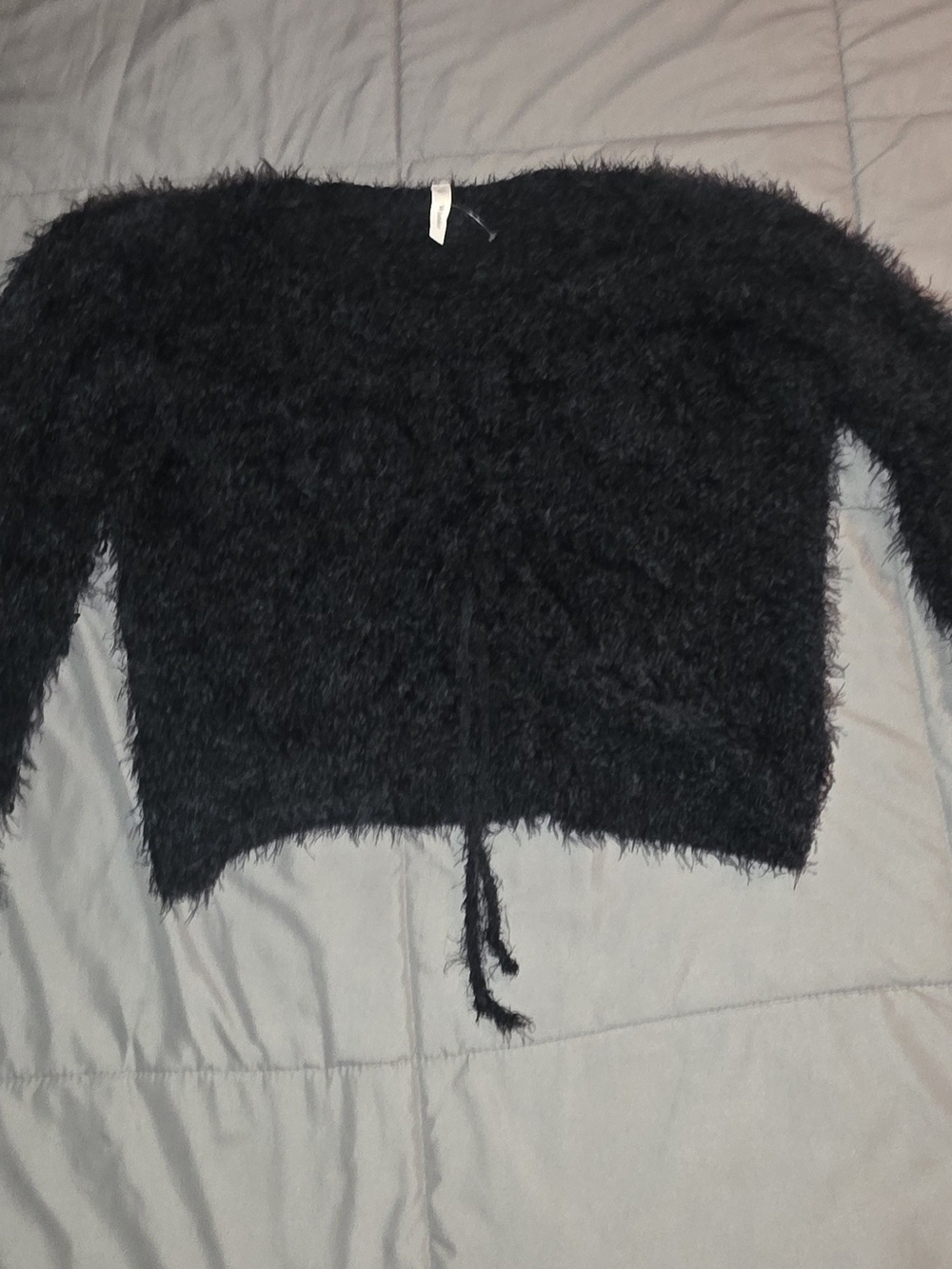 Wishlist Fuzzy Black Tie-Hem Crop Crew Sweater